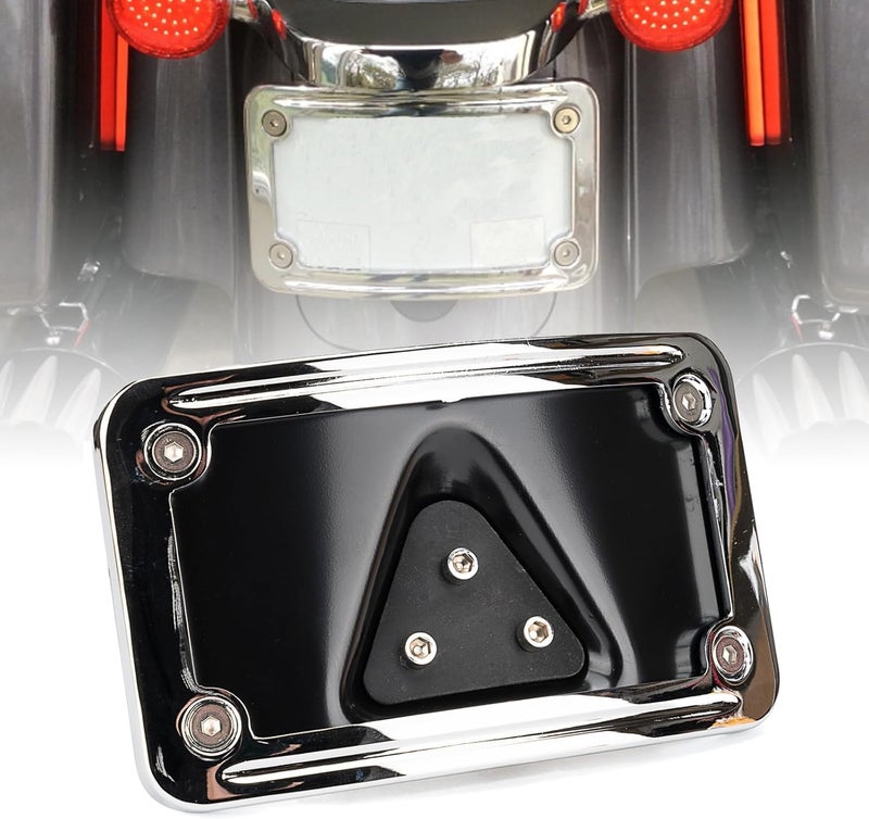SoCiMa 9171 Curved Laydown License Plate Mount with Frame Compatible with Harley Davidson 3 Hole Mount (Silver) - Image 1